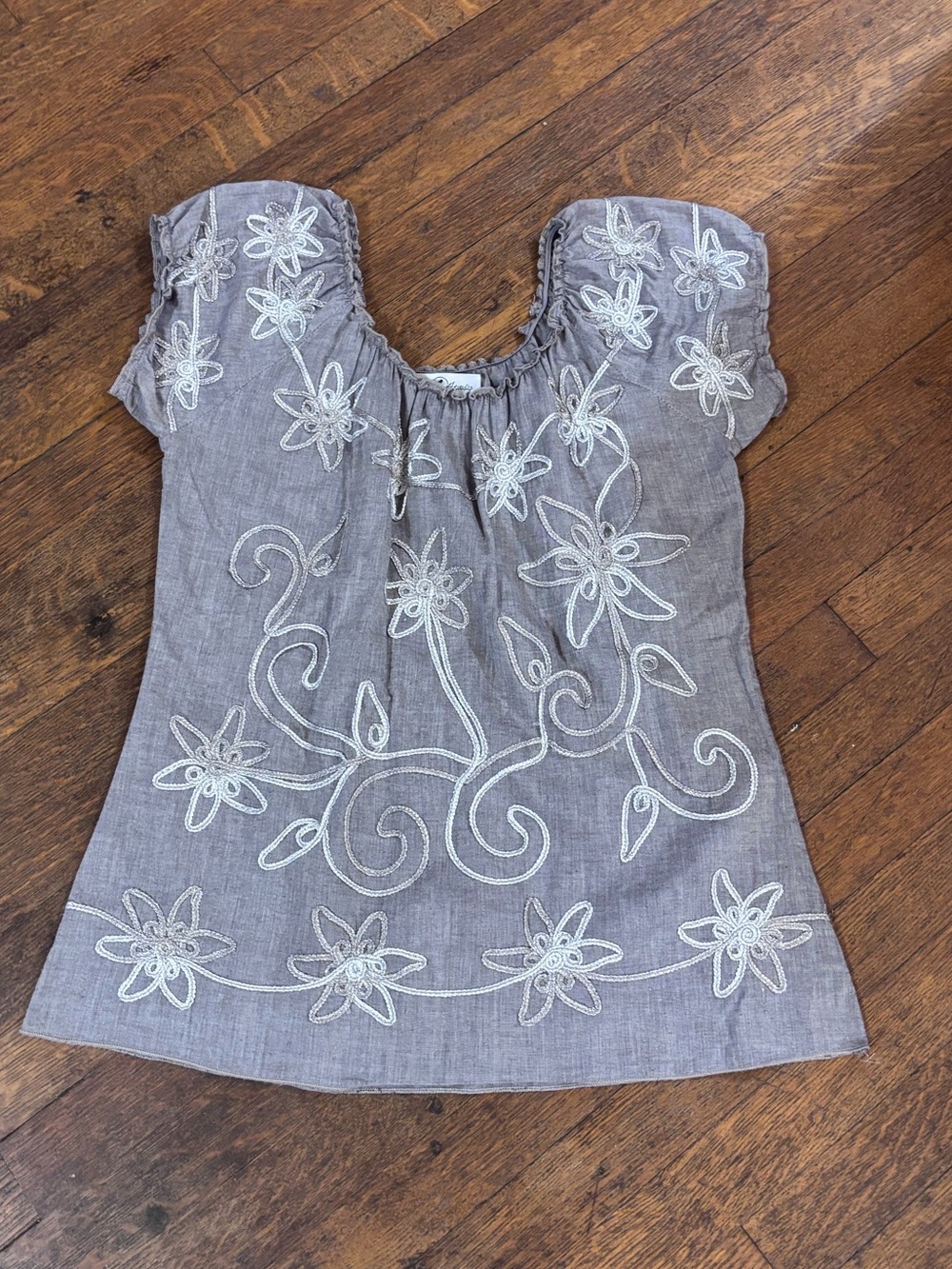One World Embroidered Peasant Top Taupe Boho Cottagecore Blouse